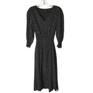 Saint + Sofia Midi Dress Smocked Shirred Waist Black White Polka Dot Size‎ 2